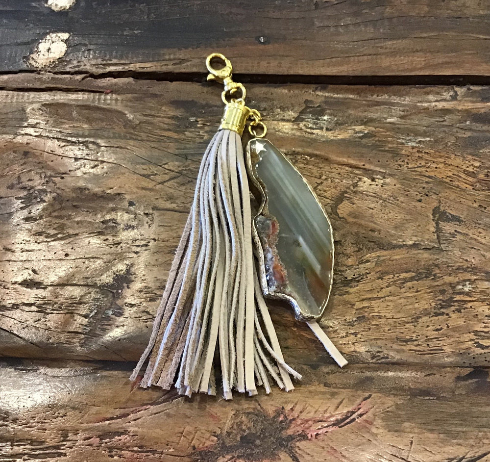 
                  
                    Load image into Gallery viewer, Keychain Leather Tassel Agate Stone Charm
                  
                